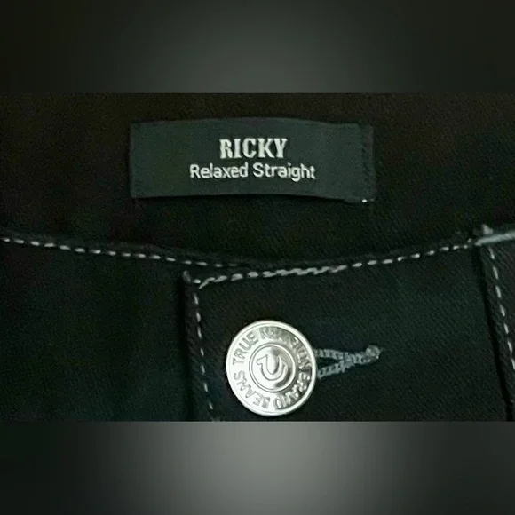 NWT True Religion 34W 32L Ricky Flap 2SB Body Rinse Black Relaxed Straight Jeans - Picture 4 of 11
